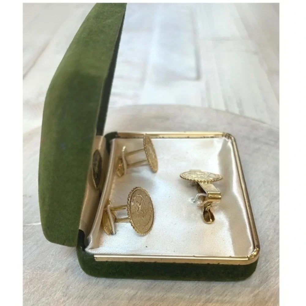 Stag Sagittarius‎ Zodiac Gold Tone Cufflinks Tie Clip Set Vintage Gift